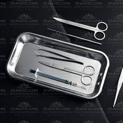 "Premium surgical instruments set including scissors, forceps, clamps, and needle holders on stainless steel tray, representing Davicon Surgical tools"