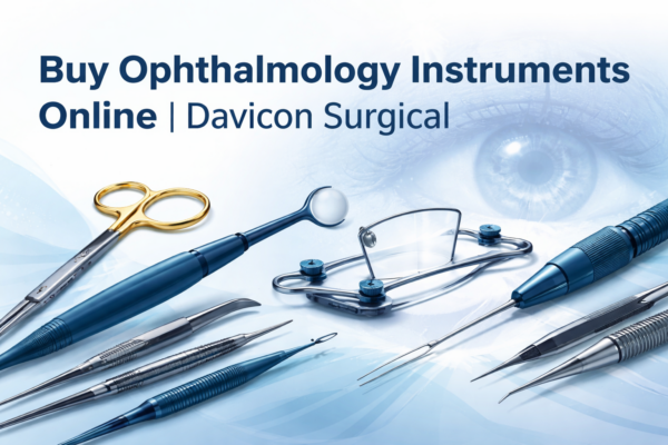 High-quality ophthalmology instruments including forceps, scissors, needle holders and speculum displayed on surgical tray – Buy Online from Davicon Surgical