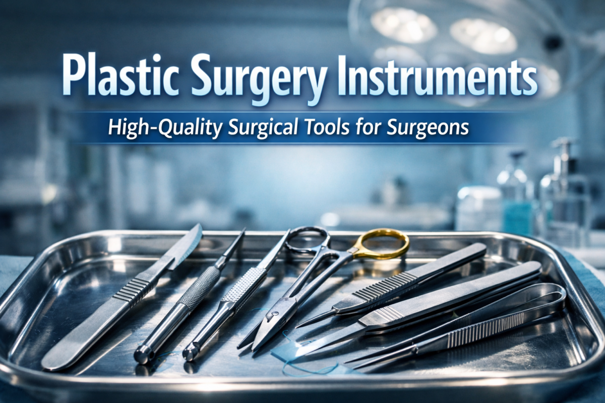 High-quality plastic surgery instruments on stainless steel tray including scalpels, scissors, forceps, and needle holders in a surgical setting