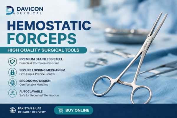 Davicon Surgical promotional banner featuring stainless steel hemostatic forceps on a blue surgical background, highlighting high-quality surgical instruments, durability, ergonomic design, and online purchasing options for Pakistan and UAE
