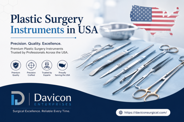 Plastic surgery instruments set including forceps, cannulas, scissors, and precision surgical tools used in cosmetic and reconstructive procedures in USA hospitals