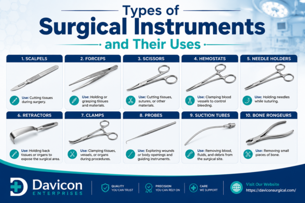 Types of surgical instruments arranged on a medical tray including ENT tools, ophthalmology instruments, cardiothoracic forceps, and plastic surgery cannulas used in modern medical field.