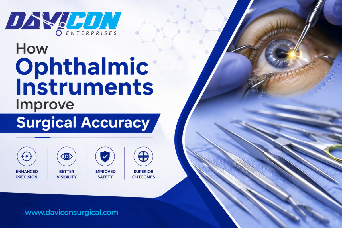 Advanced ophthalmic instruments improving surgical accuracy during eye surgery including cataract surgery tools, Castroviejo needle holder, iris scissors, and ophthalmic micro surgical tools by Davion Enterprises.